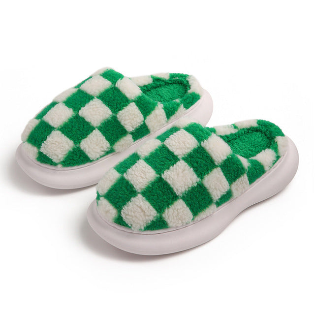 Plush Cotton Non-Slip Thick Bottom Plaid Slippers
