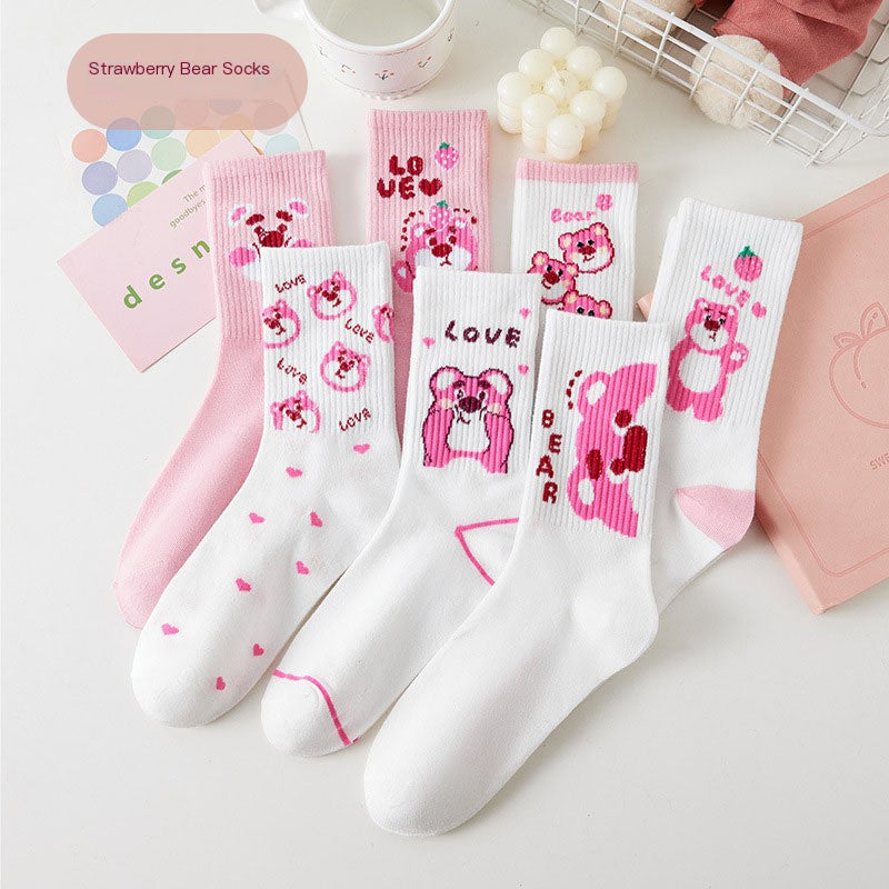 Cute Cartoon Strawberry Bear Mid-Calf Socks for Students
