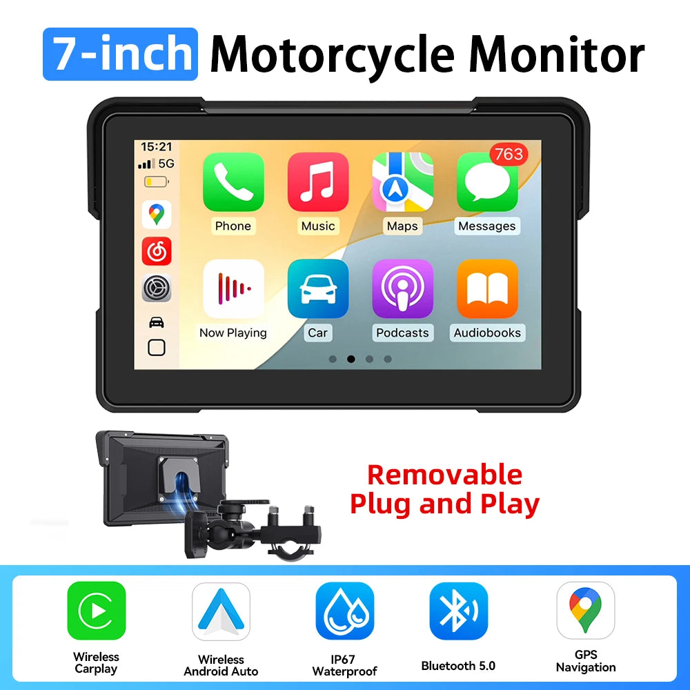 5/6/7 inch Motorcycle Display Screen Carplay Navigation Portable Digital Dashboard Motobike Android Auto Waterproof BT Monitor
