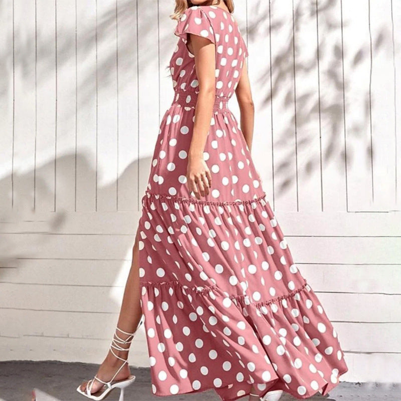 Polka Dot Dress with Split V-neck Design