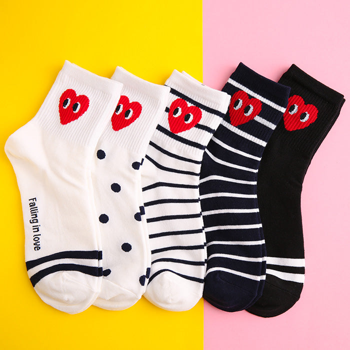 Cute Heart Print Mid-Calf Socks - Cartoon Striped Design