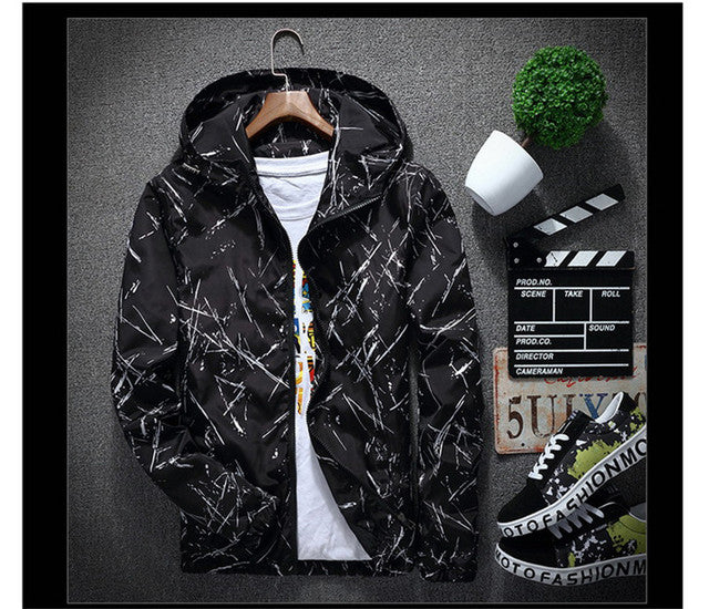 Men's Spring Autumn Bomber Jacket with Print and Hood