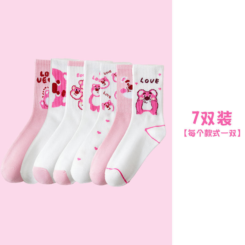 Cute Cartoon Strawberry Bear Mid-Calf Socks for Students