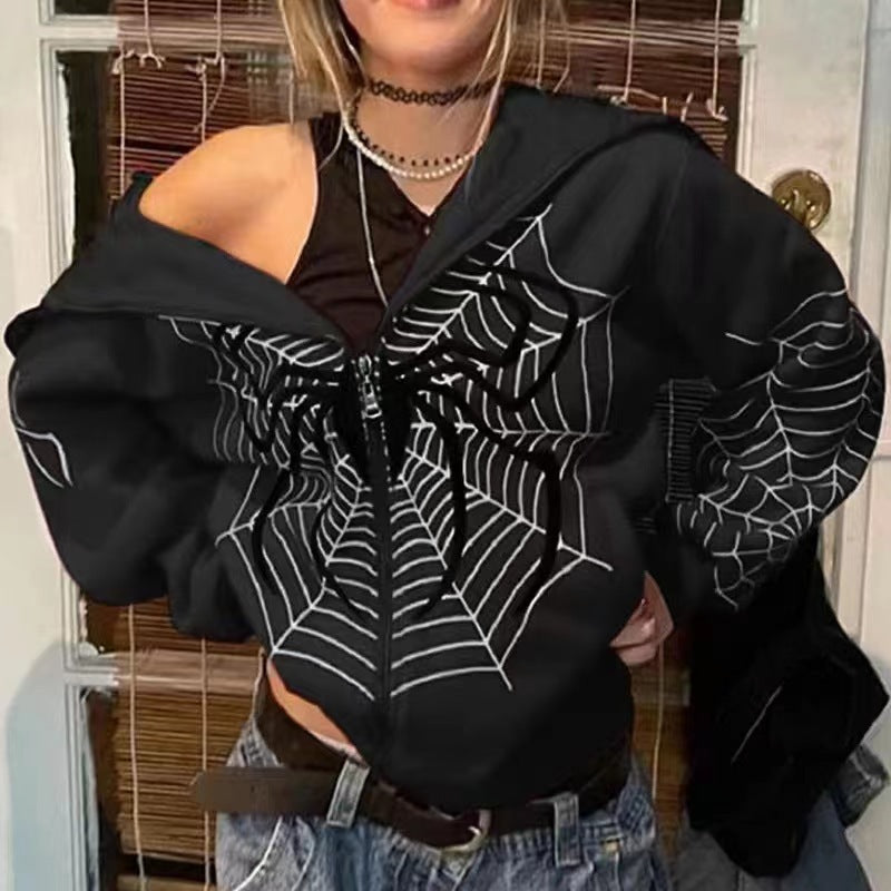 Spider Web Printed Full Zip Hoodie for Fall & Winter