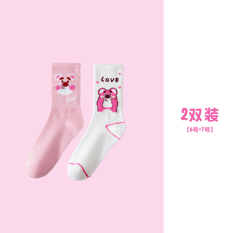 Cute Cartoon Strawberry Bear Mid-Calf Socks for Students