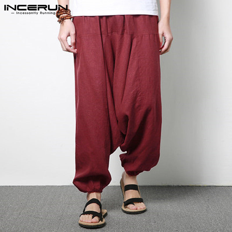 Men's Cotton Linen Loose Casual Harem Pants (Large)