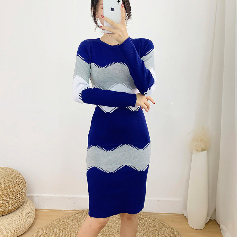 Knitted Sweater Dress with Color Block Design