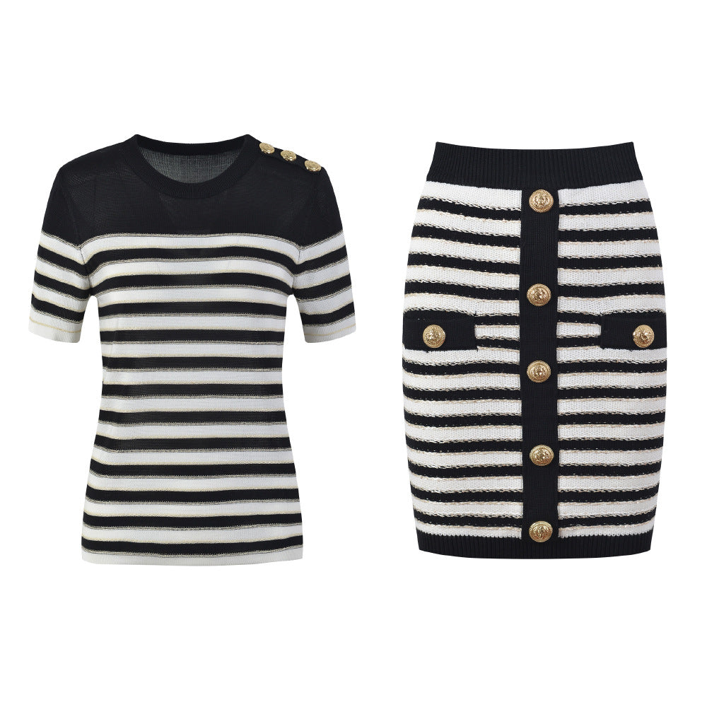French Style Women's Color-Block Knitted Top & Skirt Set