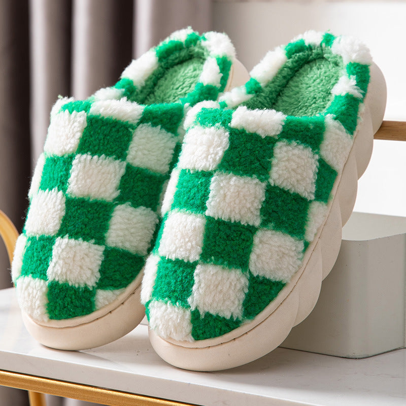 Plush Cotton Non-Slip Thick Bottom Plaid Slippers