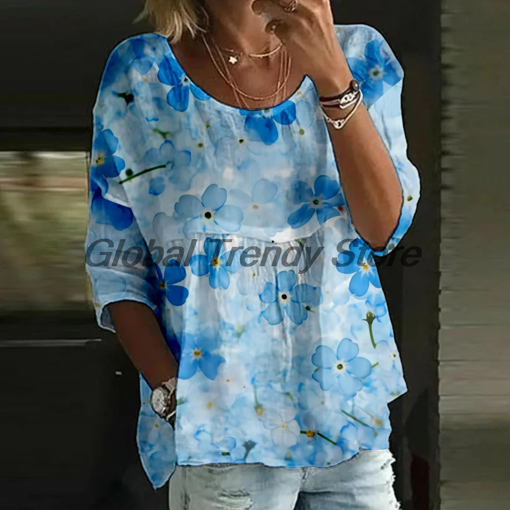 Women's Watercolor Floral Print 3/4 Sleeve Blouse Loose Fit Crew Neck Tunic Tops Lady's Daily Top Shirts