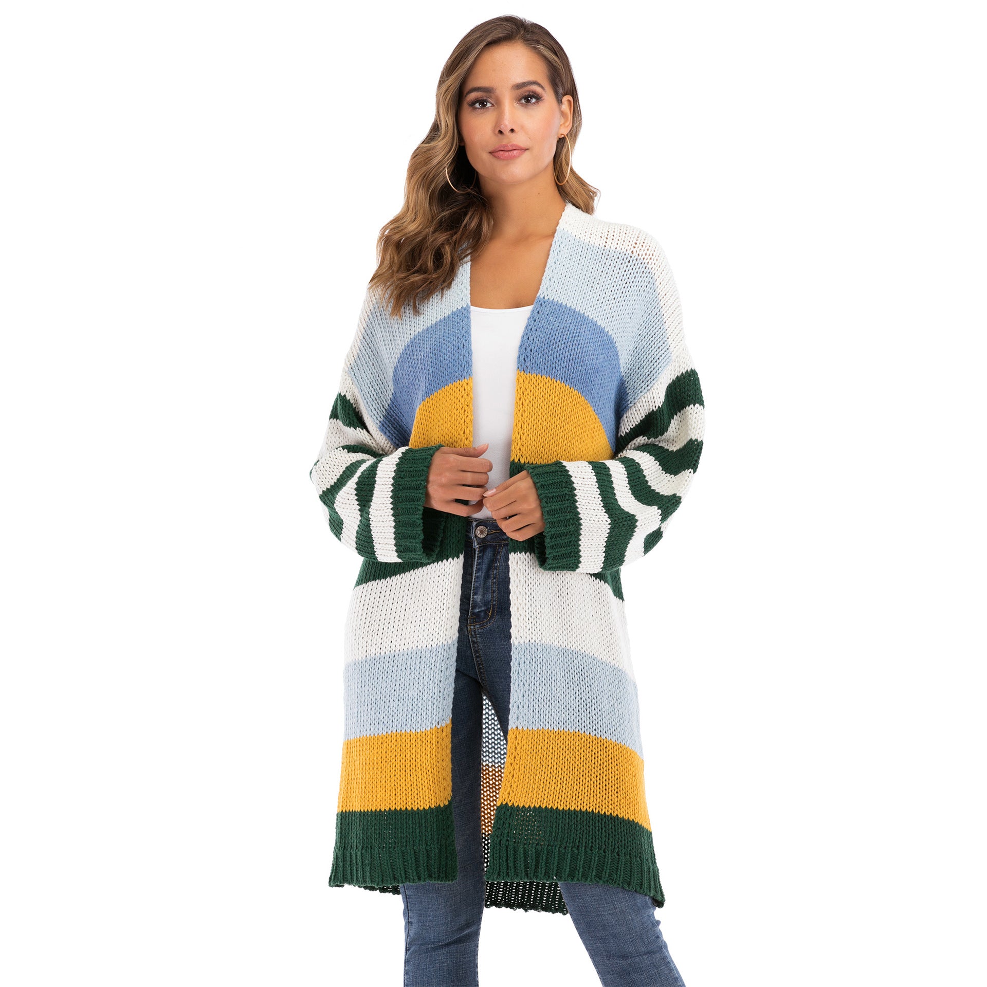 Fashionable Color-Block Loose Casual Knit Cardigan