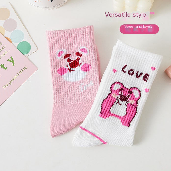 Cute Cartoon Strawberry Bear Mid-Calf Socks for Students