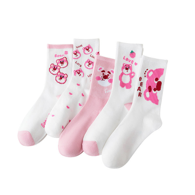 Cute Cartoon Strawberry Bear Mid-Calf Socks for Students