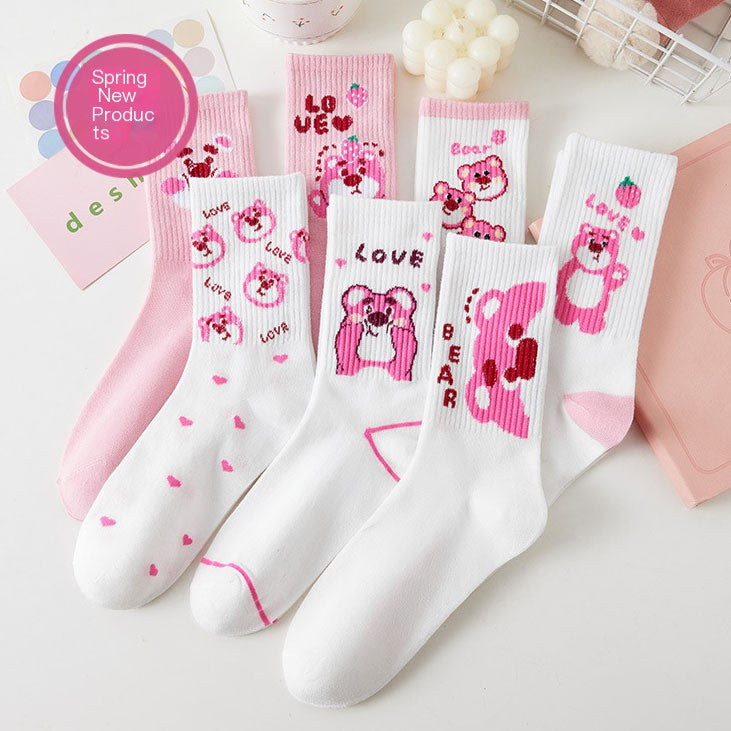 Cute Cartoon Strawberry Bear Mid-Calf Socks for Students