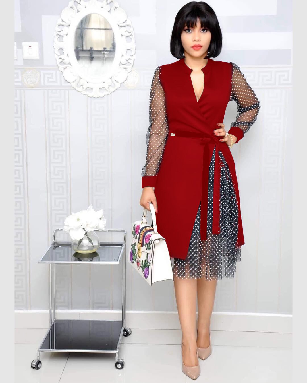 Fashion Women's V-Neck Polka Dot Split Dress 2020