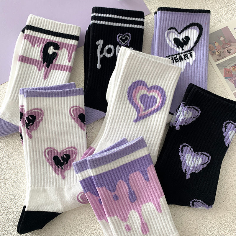 Purple Heart Women's Mid-Calf Socks - Trendy Cartoon Style