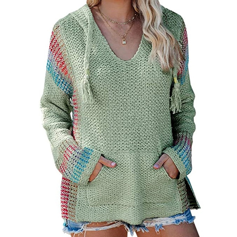 Women's Color-Block Knit Hoodie Sweater (Long Sleeve)