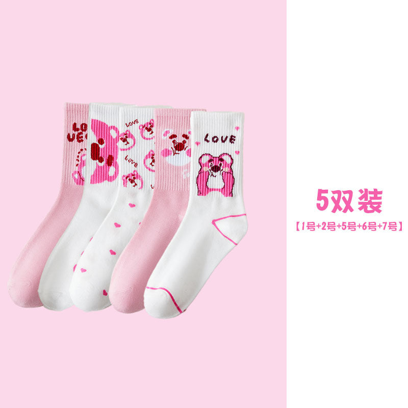 Cute Cartoon Strawberry Bear Mid-Calf Socks for Students