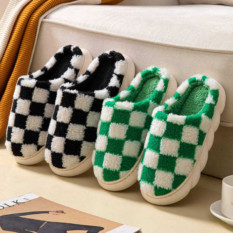 Plush Cotton Non-Slip Thick Bottom Plaid Slippers