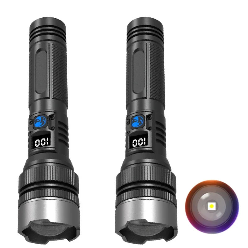 900000LM Powerful LED Flashlight Type-c Rechargeable Zoom Torch with Digital Display Handheld Flashlights for Camping Hiking