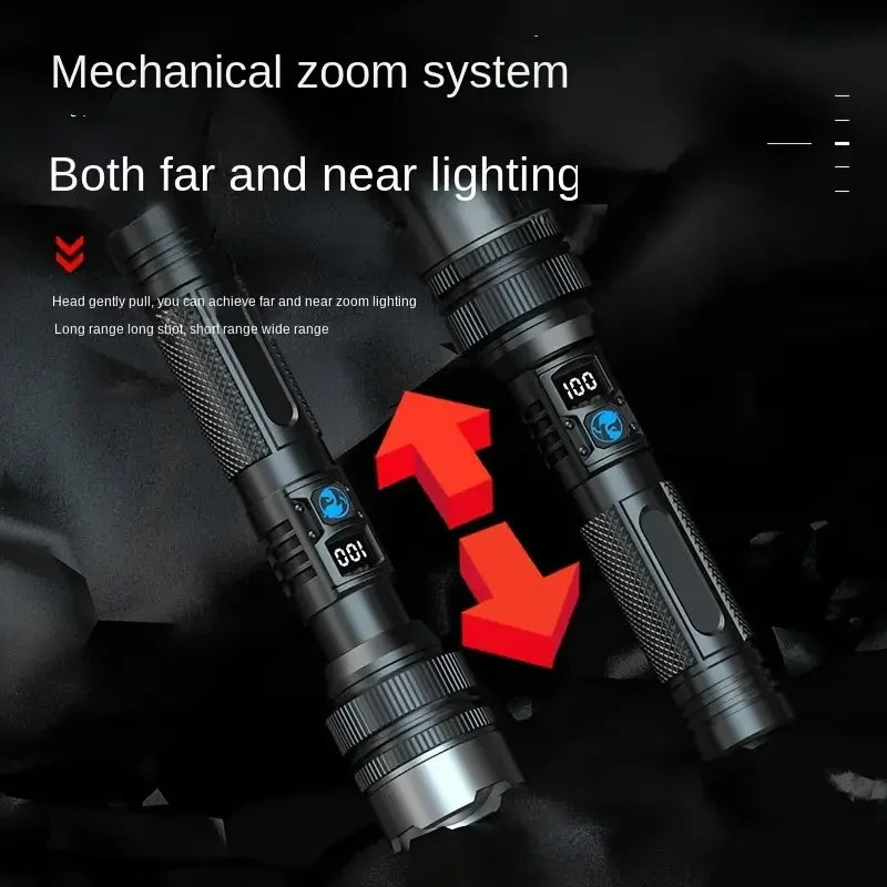 900000LM Powerful LED Flashlight Type-c Rechargeable Zoom Torch with Digital Display Handheld Flashlights for Camping Hiking