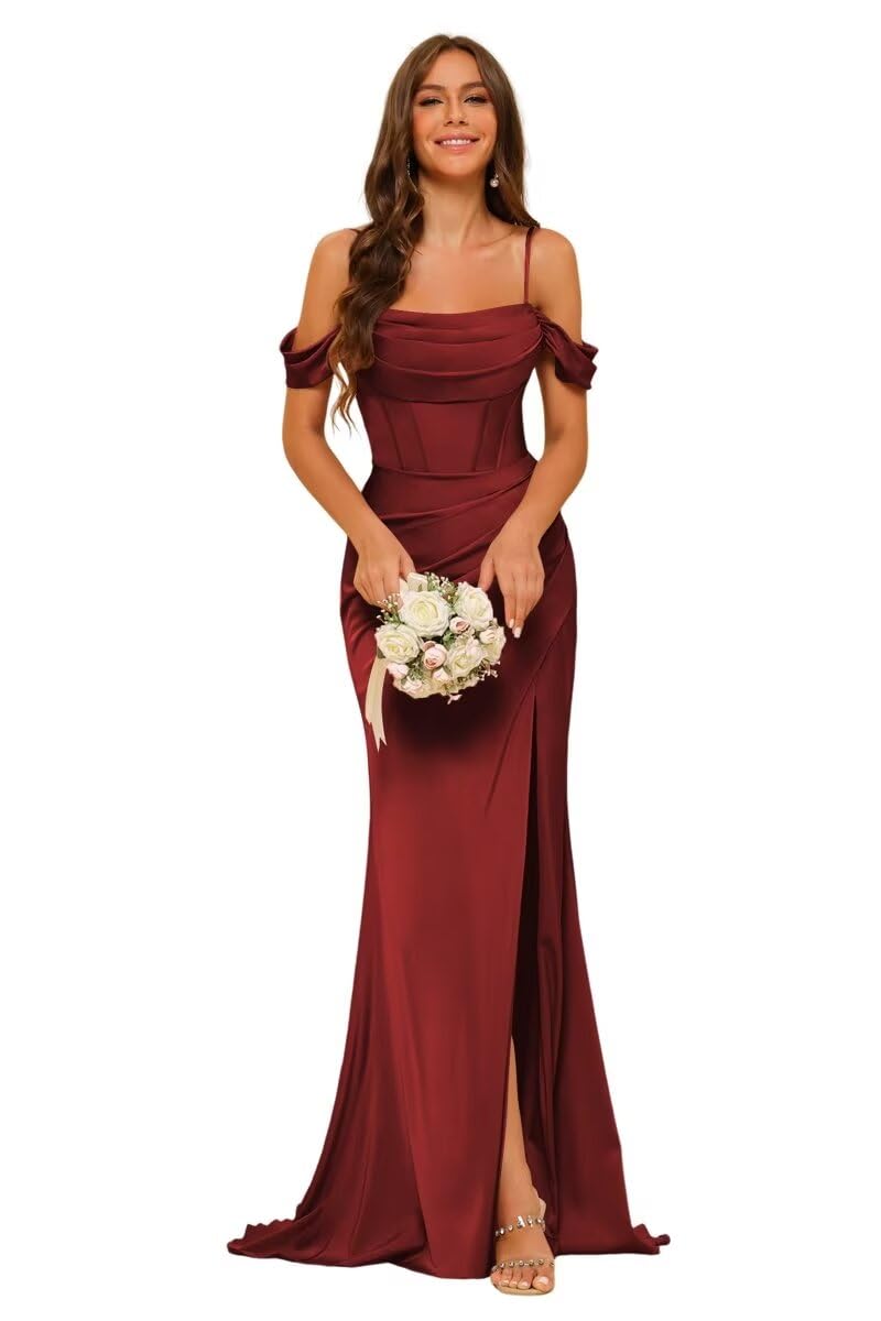 PUXIU Womens Cold Shoulder Wrap Prom Dresses Long with Slit Pleated Satin Mermaid Light Burgundy Formal Evening Gowns Plus Size US18W