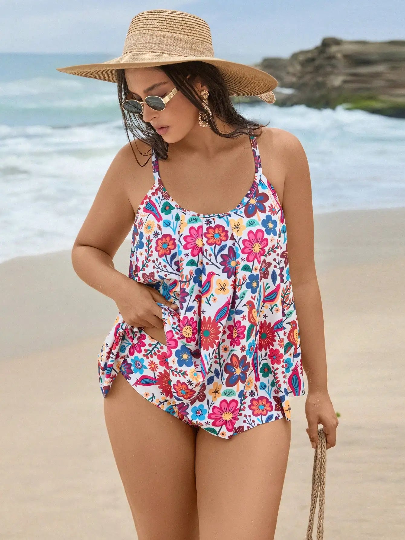 Women Floral Print Tankini Swimsuit Set High Waist Ruffle Beach Vacation Swimwear