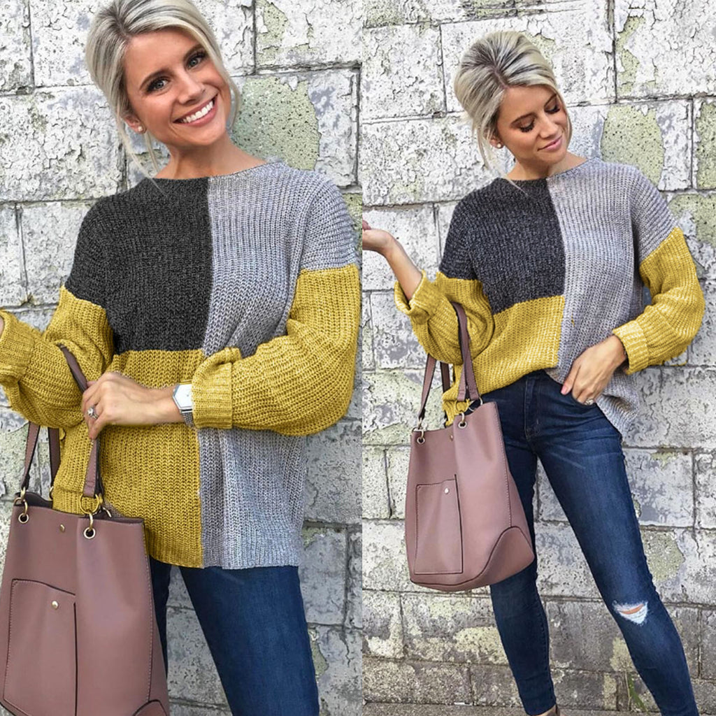 Color Block Loose Knit Sweater with Patchwork Design