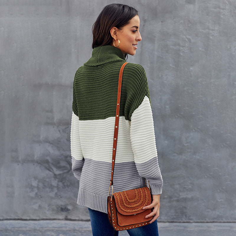 Women's Winter Color Block Turtleneck Knitted Sweater