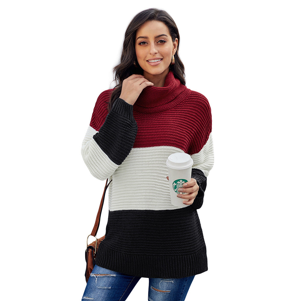 Women's Winter Color Block Turtleneck Knitted Sweater