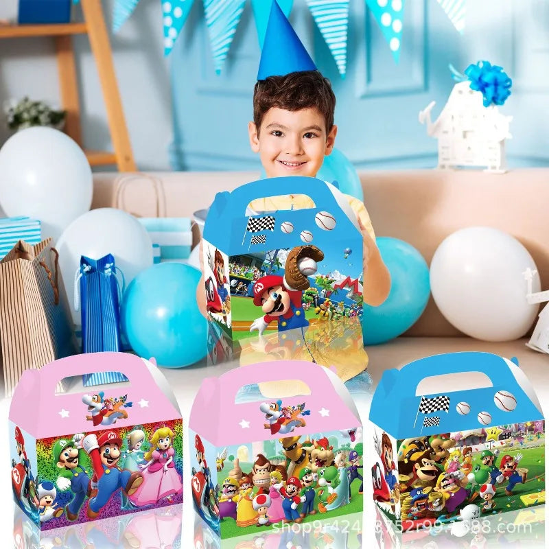 New 12Pcs Super Mario Plumber Horsepower Party Favors Handy Horn Paper Box Boys Birthday Party Decoration Candy Box