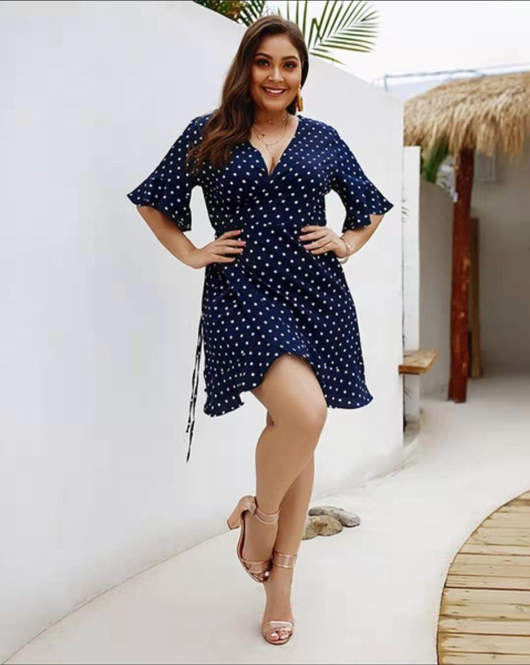 Plus Size XL-4XL Women's Summer V-Neck Polka Dot Dress