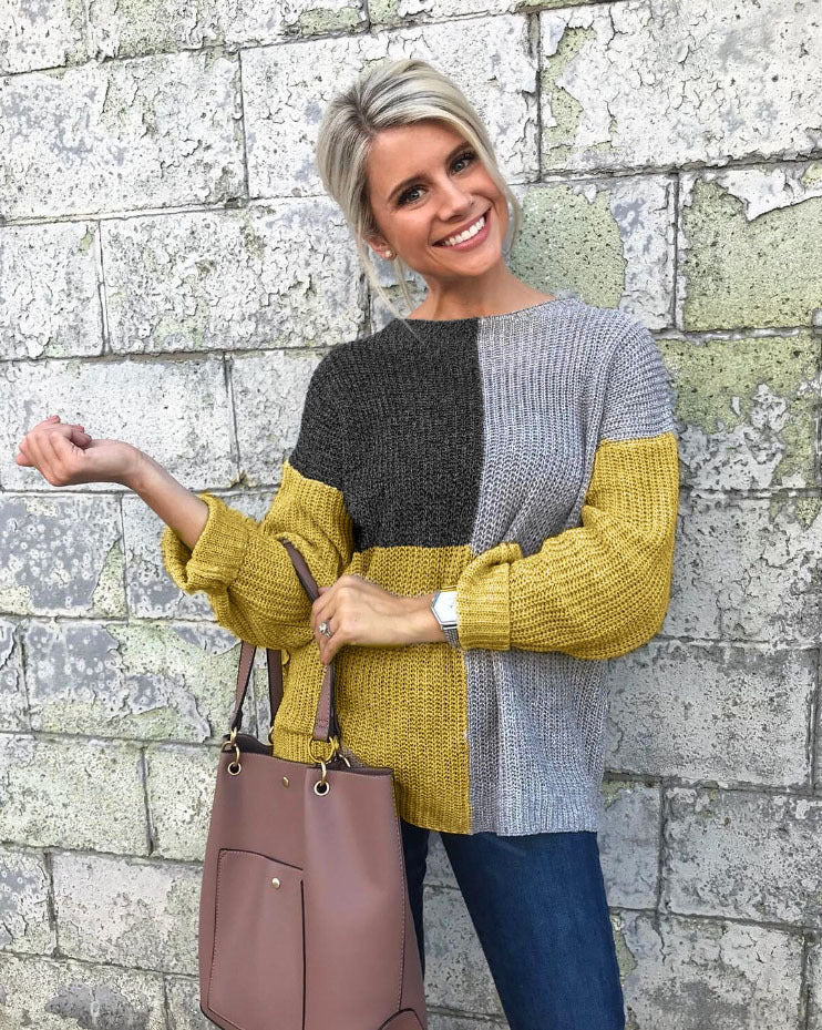 Color Block Loose Knit Sweater with Patchwork Design