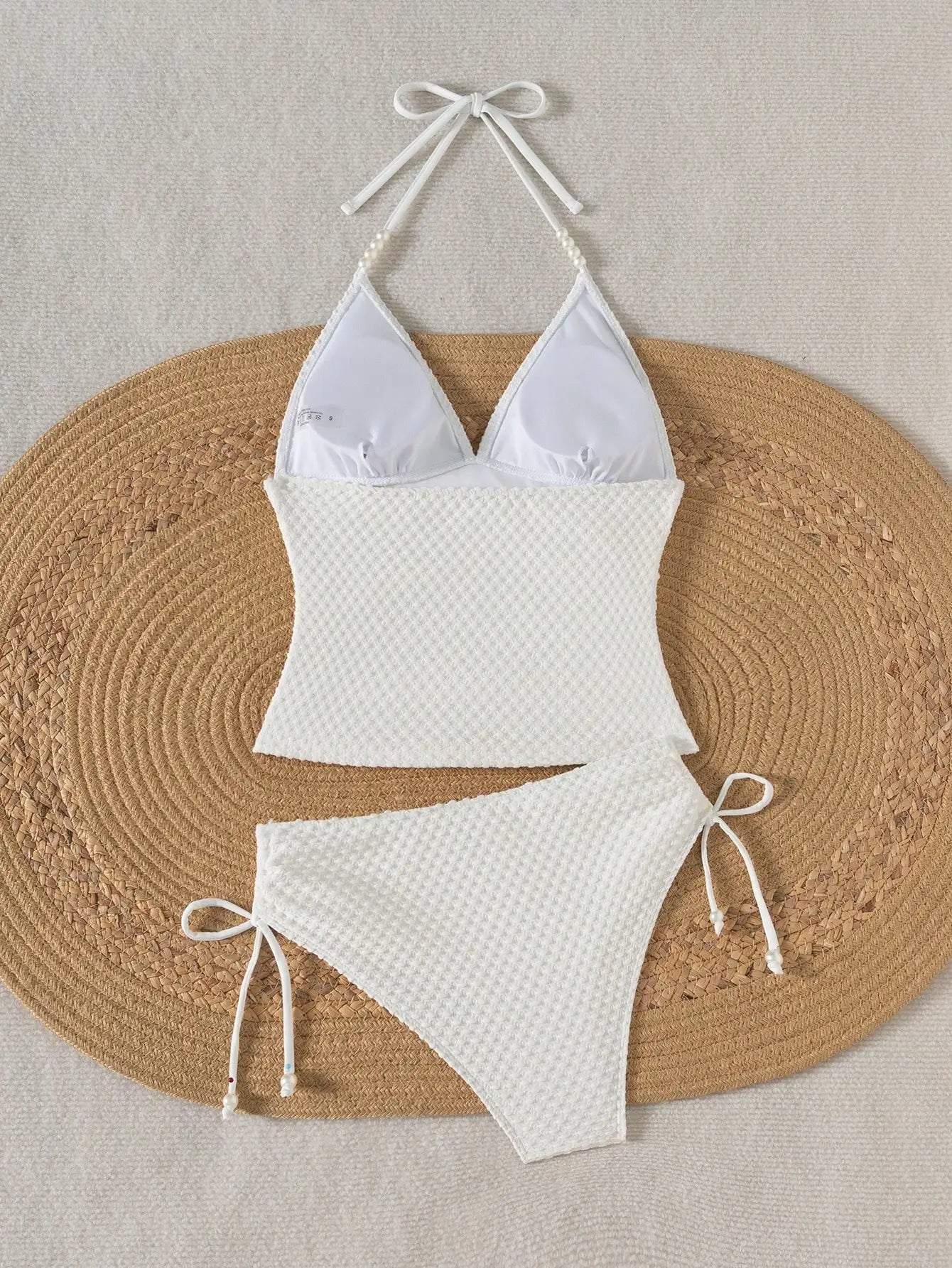 Women White Knitted Jacquard Beaded Drawstring Halter Neck Bikini Set