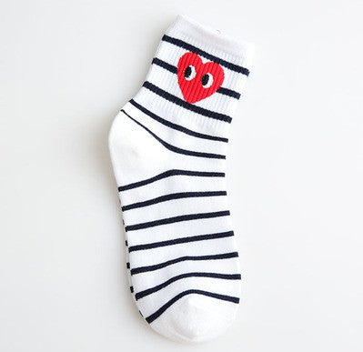 Cute Heart Print Mid-Calf Socks - Cartoon Striped Design