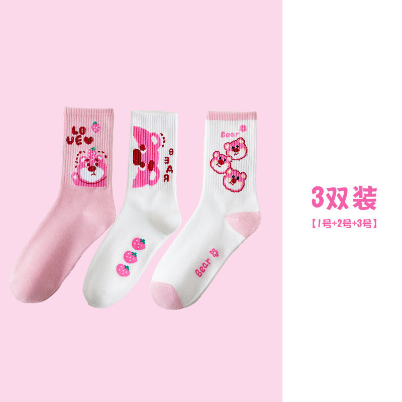 Cute Cartoon Strawberry Bear Mid-Calf Socks for Students