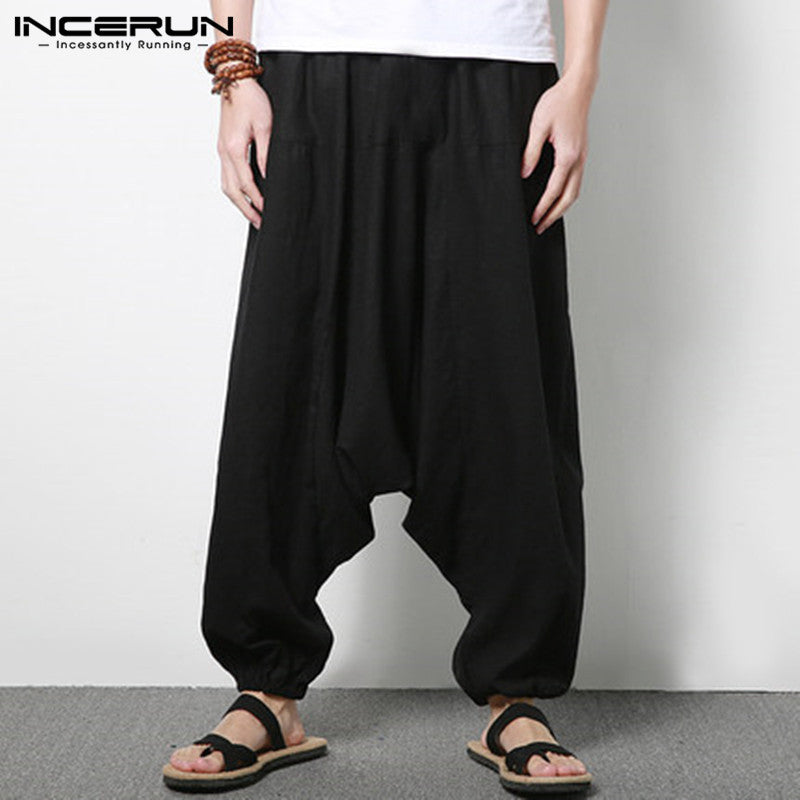 Men's Cotton Linen Loose Casual Harem Pants (Large)