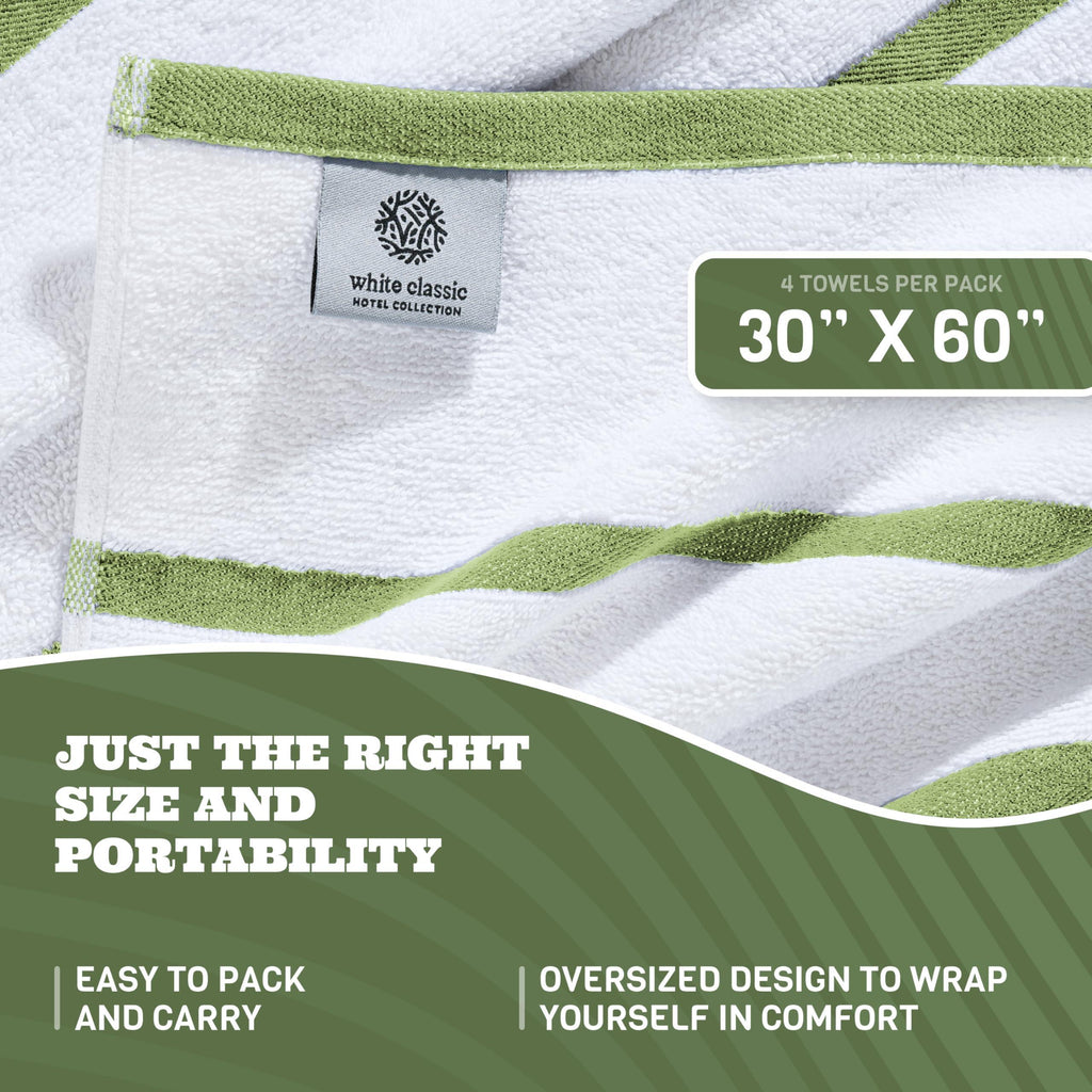 Cotton Pool Towels Oversized 30 x 60 Inch 4 Pack Ultra Absorbent and Low Lint Striped Beach Towels for Adults Stripes Design Luxury Extra Large Bath Towels Green