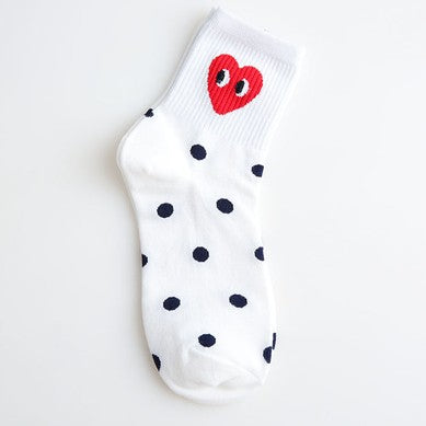 Cute Heart Print Mid-Calf Socks - Cartoon Striped Design