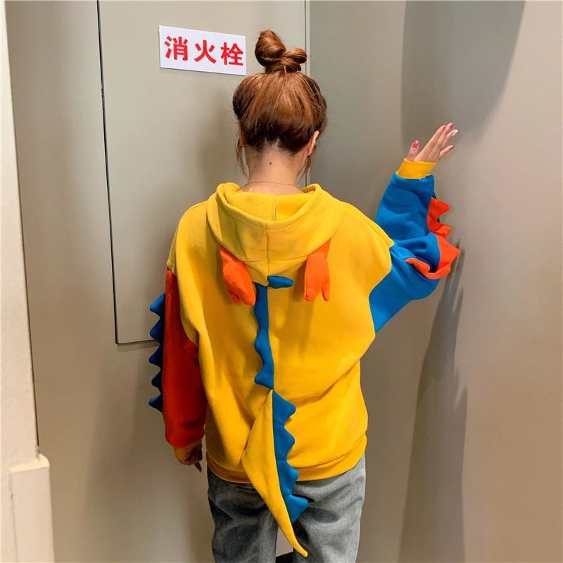 Cute Irregular Color Block Dinosaur Hoodie Sweater