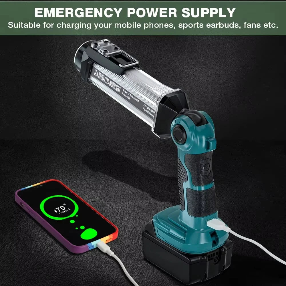 2000LM LED Work Light for Makita 20V Lithium-ion Battery Portable Light Horizontal Down Light Outdoor Handheld Flashlight 35W