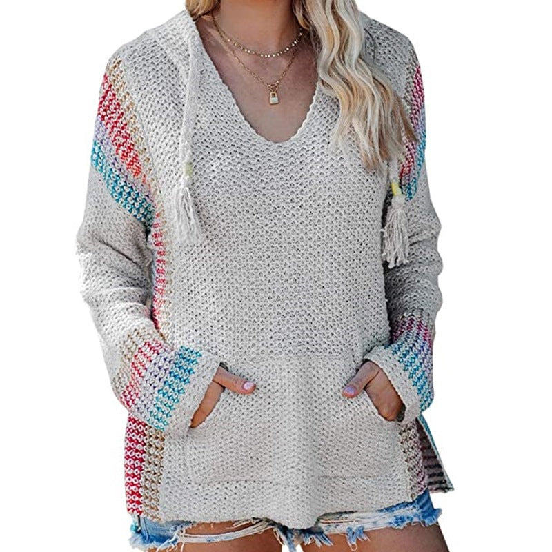 Women's Color-Block Knit Hoodie Sweater (Long Sleeve)