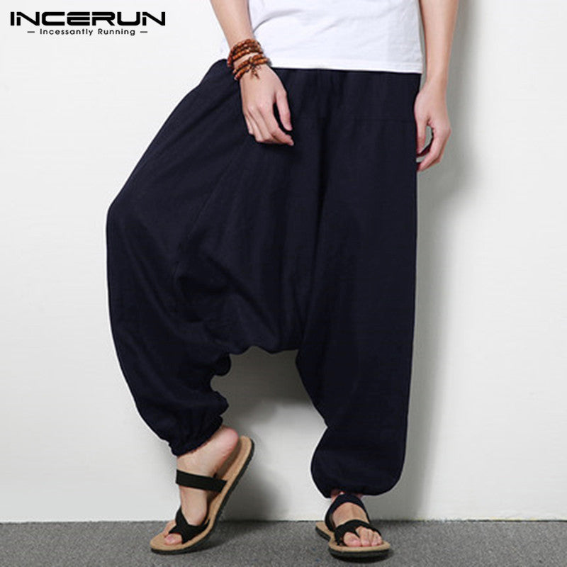 Men's Cotton Linen Loose Casual Harem Pants (Large)