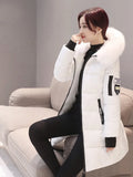 Winter Warme Pelz Kragen Mit Kapuze Frauen Parka Mode Komfortable Zipper Taschen Design Lange Jacke Elegante Dünne Dicke Weibliche Mäntel
