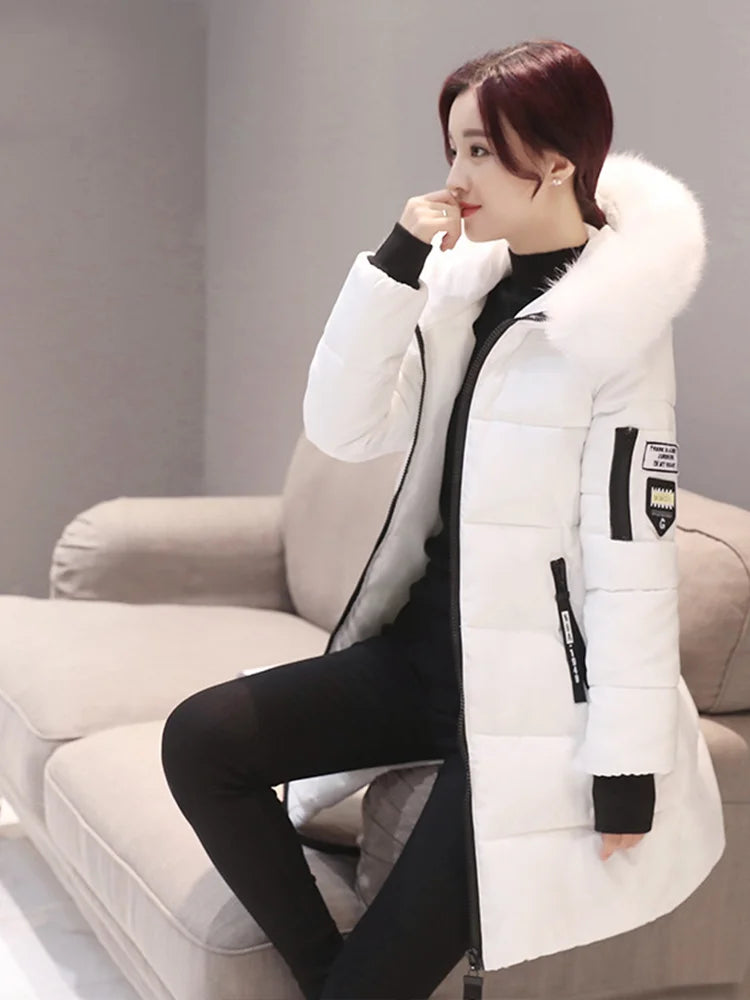Winter Warme Pelz Kragen Mit Kapuze Frauen Parka Mode Komfortable Zipper Taschen Design Lange Jacke Elegante Dünne Dicke Weibliche Mäntel