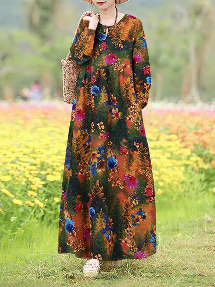 Vintage Blumen Kleid Frau 2025, ZANZEA Herbst Böhmischen Lange Kleider Casual Langarm Maxi Vestidos Lose Robe Femme Oversize