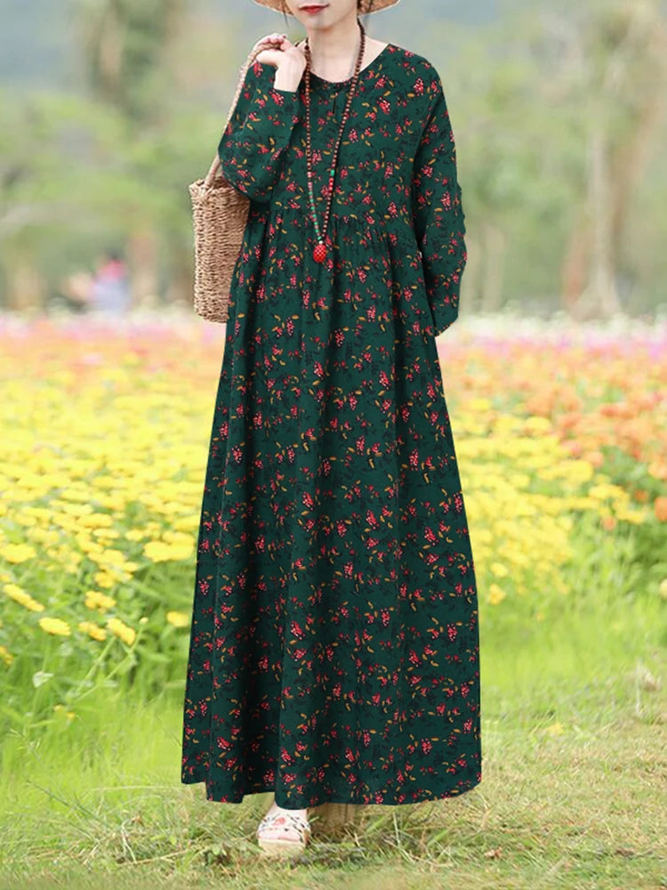 Vintage Blumen Kleid Frau 2025, ZANZEA Herbst Böhmischen Lange Kleider Casual Langarm Maxi Vestidos Lose Robe Femme Oversize