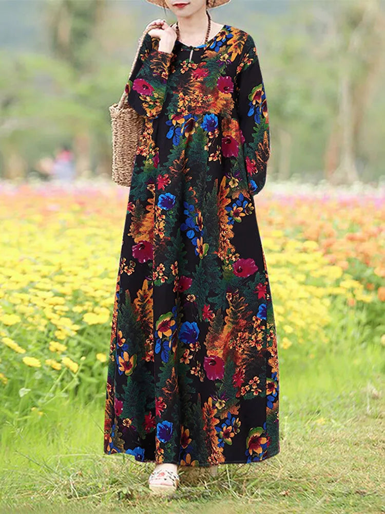 Vintage Blumen Kleid Frau 2025, ZANZEA Herbst Böhmischen Lange Kleider Casual Langarm Maxi Vestidos Lose Robe Femme Oversize