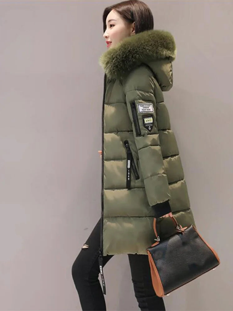 Winter Warme Pelz Kragen Mit Kapuze Frauen Parka Mode Komfortable Zipper Taschen Design Lange Jacke Elegante Dünne Dicke Weibliche Mäntel