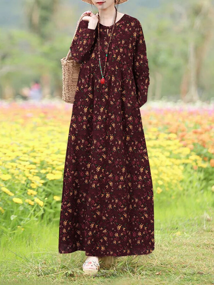 Vintage Blumen Kleid Frau 2025, ZANZEA Herbst Böhmischen Lange Kleider Casual Langarm Maxi Vestidos Lose Robe Femme Oversize